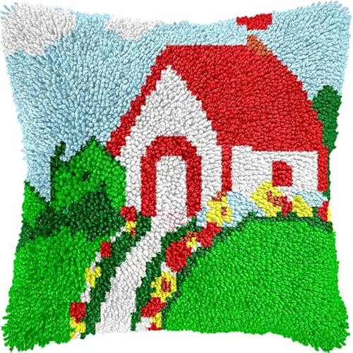 ANSIWEIGO DIY-Knüpfkissen-Set mit Knüpfhaken,farbig bedruckter Kissenbezug mit Gartenschuppen,Kreuzstich-Set,Garnstickerei für die Heimdekoration,43x43 cm von ANSIWEIGO