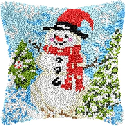 ANSIWEIGO DIY-Knüpfkissen-Set mit Knüpfhaken,süßer Schneemann,farbig bedruckter Kissenbezug,Kreuzstich-Set,Garnstickerei für die Heimdekoration,43x43 cm von ANSIWEIGO