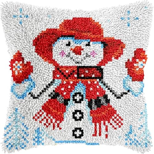 ANSIWEIGO DIY-Knüpfkissen-Set mit Knüpfhaken,süßer Schneemann,farbig bedruckter Kissenbezug,Kreuzstich-Set,Garnstickerei für die Heimdekoration,43x43 cm von ANSIWEIGO