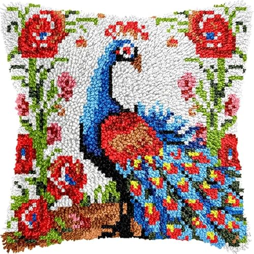 ANSIWEIGO DIY-Knüpfpackung mit Tiermotiven – vorgedruckte Leinwand, einfaches Häkelgarn-Bastelset für Anfänger, Deko fürs Sofa, 43 x 43 cm von ANSIWEIGO