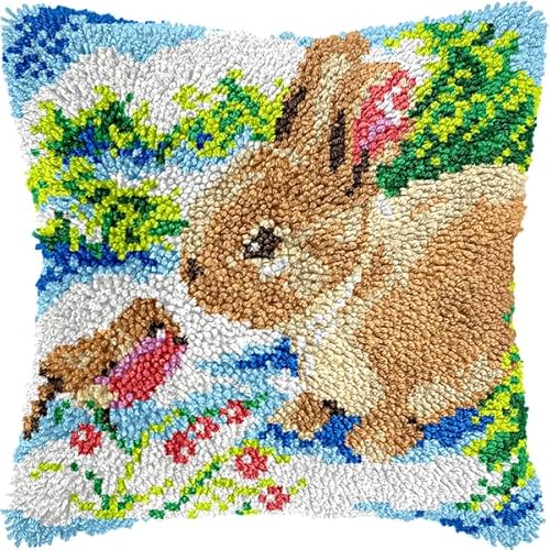 ANSIWEIGO DIY-Knüpfpackung mit Tiermotiven – vorgedruckte Leinwand, einfaches Häkelgarn-Bastelset für Anfänger, Deko fürs Sofa, 43 x 43 cm von ANSIWEIGO