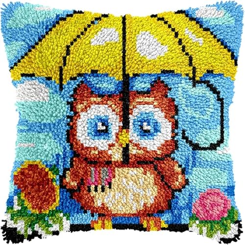 ANSIWEIGO DIY-Knüpfpackung mit Tiermotiven – vorgedruckte Leinwand, einfaches Häkelgarn-Bastelset für Anfänger, Deko fürs Sofa, 43 x 43 cm von ANSIWEIGO