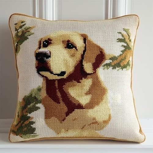 ANSIWEIGO DIY Kreuzstich-Kissen-Sets,Stickset,Kreuzstichkissen zum Basteln Stickkissen Stickpackung mit Vorgedruckt Kreuzstichmotiv,45x45cm,Labrador Retriever von ANSIWEIGO