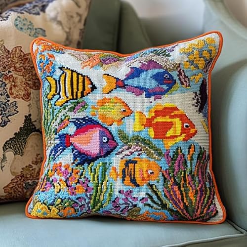 ANSIWEIGO DIY Kreuzstich-Kissenbezug-Set,Bunte Fische unter dem Meer,Handgemachter dekorativer Kissenbezug,Ideal für Heimdekoration oder personalisiertes Geschenk,45x45 cm von ANSIWEIGO