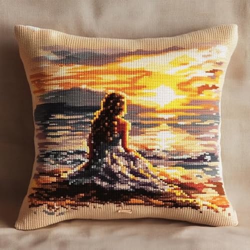 ANSIWEIGO DIY Kreuzstich-Kissenbezug-Set,Mädchen am Strand bei Sonnenuntergang,handgemachter dekorativer Kissenbezug,ideal als Heimdekoration oder personalisiertes Geschenk,45x45 cm von ANSIWEIGO