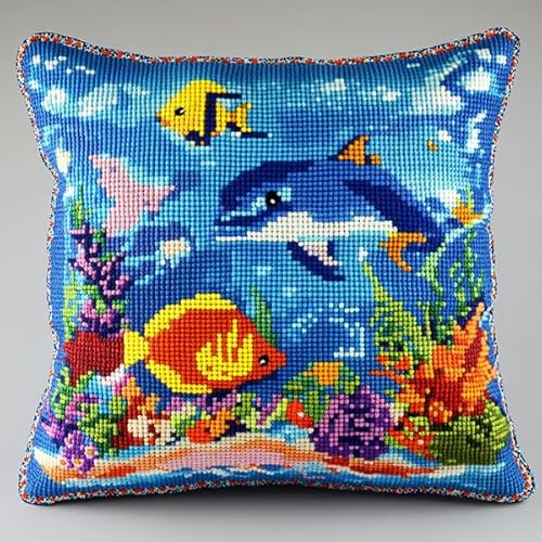 ANSIWEIGO DIY Kreuzstich-Kissenbezug-Set,Unterwasser-Delfin,handgefertigter dekorativer Kissenbezug,ideal als Heimdekoration oder personalisiertes Geschenk,45x45 cm von ANSIWEIGO