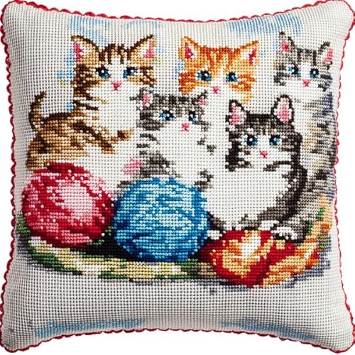 ANSIWEIGO DIY Kreuzstich-Kissenbezug-Set,süße Katzenfamilie,handgefertigter dekorativer Kissenbezug,ideal als Heimdekoration oder personalisiertes Geschenk,45x45 cm von ANSIWEIGO