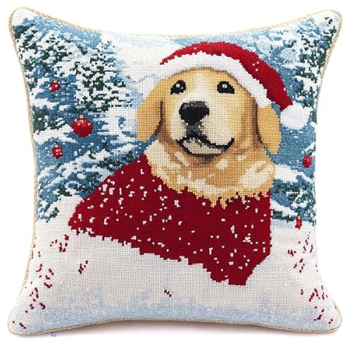 ANSIWEIGO DIY Kreuzstichkissen,Stickset,Kreuzstich-Kissen-Sets zum Basteln Stickkissen Stickpackung mit Vorgedruckt Kreuzstichmotiv,45x45cm,Hund mit Weihnachtsmütze von ANSIWEIGO