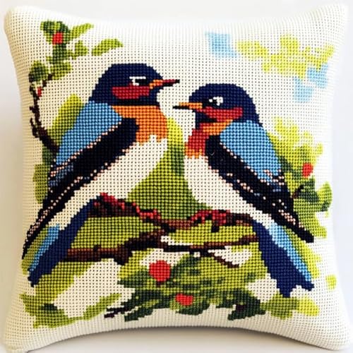 ANSIWEIGO DIY Kreuzstichkissen,Stickset,Kreuzstich-Kissen-Sets zum Basteln Stickkissen Stickpackung mit Vorgedruckt Kreuzstichmotiv,45x45cm,Vogel auf Ast von ANSIWEIGO