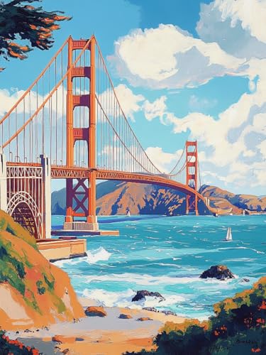 ANSIWEIGO DIY Malen nach Zahlen für Erwachsene,Vorgedrucktes Muster auf Leinwand,Kunsthandwerk Set für Anfänger,40x50 cm Ohne Rahmen –Geschenk für Wanddekoration – Golden Gate Bridge von ANSIWEIGO