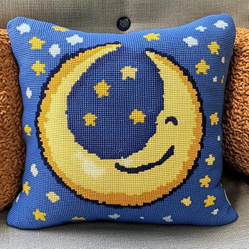 ANSIWEIGO Dekorativer Kissenbezug mit Kreuzstich,Cartoon-Mond-Sterne-Design,Baumwoll-Leinen-Stoff,Perfekt als Wohnzimmerdekoration,45x45 cm von ANSIWEIGO