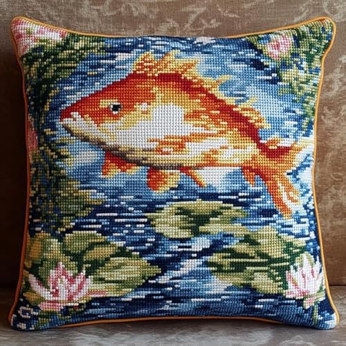 ANSIWEIGO Dekorativer Kissenbezug mit Kreuzstich,Lotusteich-Fisch-Design,Baumwoll-Leinen-Stoff,perfekt als Wohnzimmer-Dekor,45x45 cm von ANSIWEIGO