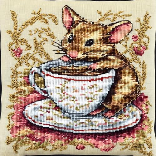 ANSIWEIGO Dekorativer Kissenbezug mit Kreuzstich,Motiv „Ratte trinkt heimlich Kaffee“,Baumwoll-Leinen-Stoff,perfekt als Wohnzimmerdekoration,45x45 cm von ANSIWEIGO