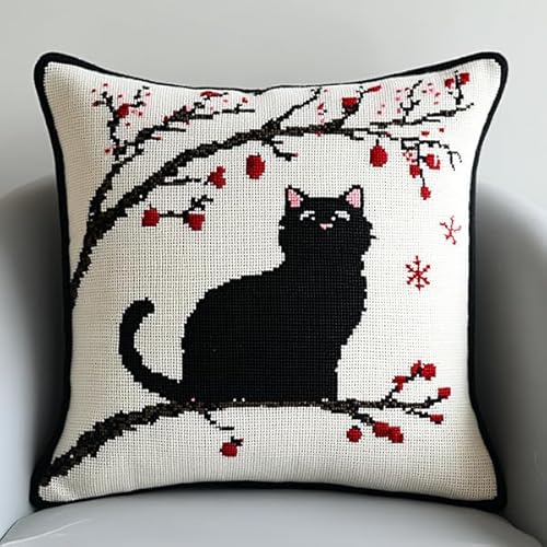 ANSIWEIGO Dekorativer Kissenbezug mit Kreuzstich,Sakura-Design mit schwarzer Katze,Baumwoll-Leinen-Stoff,perfekt als Wohnzimmerdekoration,45x45 cm von ANSIWEIGO