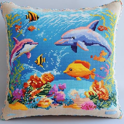 ANSIWEIGO Dekorativer Kissenbezug mit Kreuzstich,Unterwasser-Delfin-Design,Baumwoll-Leinen-Stoff,perfekt als Wohnzimmerdekoration,45x45 cm von ANSIWEIGO