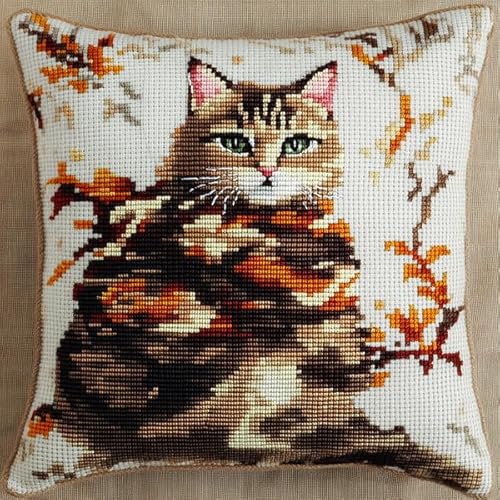 ANSIWEIGO Dekorativer Kissenbezug mit Kreuzstich,Winterkatzen-Design,Baumwoll-Leinen-Stoff,perfekt als Wohnzimmerdekoration,45x45 cm von ANSIWEIGO