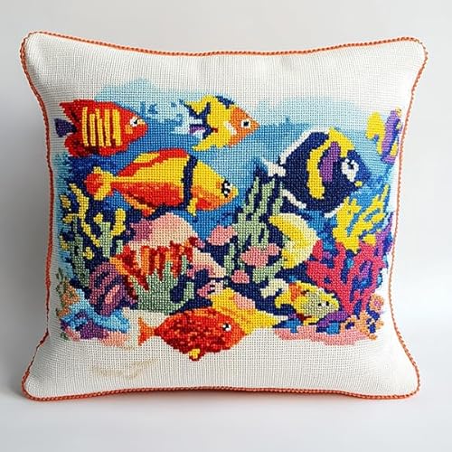 ANSIWEIGO Dekorativer Kissenbezug mit Kreuzstich,farbenfrohes Fisch-Unterwasser-Design,Baumwoll-Leinen-Stoff,perfekt als Wohnzimmerdekoration,45x45 cm von ANSIWEIGO