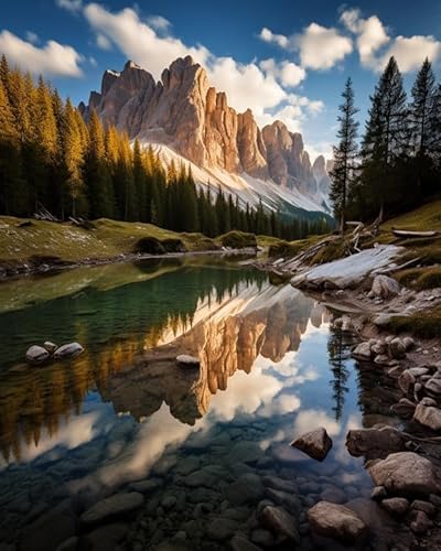 ANSIWEIGO Einfaches Malen-nach-Zahlen-Set zum Selbermachen mit Acrylfarben auf Leinwand,Dolomiten,Tal,See. Erstellen Sie ganz einfach Kunstwerke,40x50 cm,ohne Rahmen von ANSIWEIGO