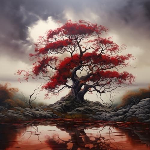 ANSIWEIGO Einfaches Malen nach Zahlen für Erwachsene,Anfänger-Sets,Roter Baum auf einer Klippe,Künstlerische digitale Kunst im Ölgemälde-Stil,40x50 cm,Ohne Rahmen von ANSIWEIGO