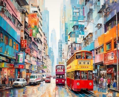 ANSIWEIGO Entdecken Sie den Künstler in sich: Geführtes Malen-nach-Zahlen-Erlebnis,Straßenszene in Hongkong,40x50 cm,Ohne Rahmen von ANSIWEIGO