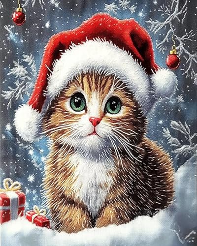 ANSIWEIGO Goldene Weihnachtsnacht Malen nach Zahlen Set,Katze mit Weihnachtsmannmütze,Premiumfarben für eine funkelnde Weihnachtsatmosphäre(40x50cm,Ohne Rahmen) von ANSIWEIGO