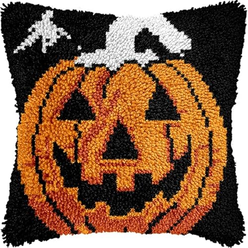 ANSIWEIGO Halloween DIY Knüpfhaken-Set,Kürbislaterne,Kreuzstich-Kissen,Knüpfhaken-Sets,Sticken,Stickkissen zum Selbermachen,zum Basteln,43x43 cm von ANSIWEIGO