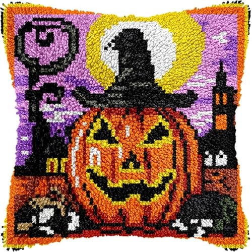 ANSIWEIGO Halloween-Knüpfhaken-Kissenbezug-Set,Kürbislaterne,vorgedruckter farbiger Kissenbezug aus Canvas und Acrylgarn,Häkelkissen,Kunst & Handwerk,43x43 cm von ANSIWEIGO