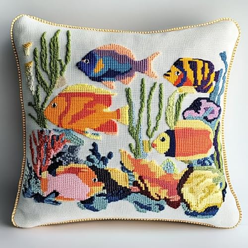 ANSIWEIGO Handgefertigter bestickter Kissenbezug,Bunte Fische unter dem Meer,Eleganter Kreuzstich-Kissenbezug,abnehmbar,45x45 cm von ANSIWEIGO