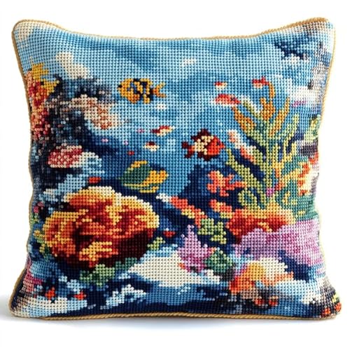 ANSIWEIGO Handgefertigter bestickter Kissenbezug,Bunte Welt unter dem Meer,Eleganter Kissenbezug mit Kreuzstich,abnehmbar,45x45 cm von ANSIWEIGO