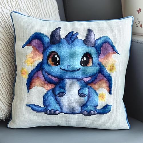 ANSIWEIGO Handgefertigter bestickter Kissenbezug,Cartoon-Dinosaurier in Blau,eleganter Kissenbezug mit Kreuzstich,abnehmbar,45x45 cm von ANSIWEIGO