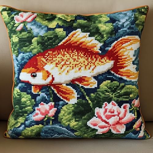 ANSIWEIGO Handgefertigter bestickter Kissenbezug,Lotusteichfisch,Eleganter Kreuzstich-Kissenbezug,abnehmbar,45x45 cm von ANSIWEIGO