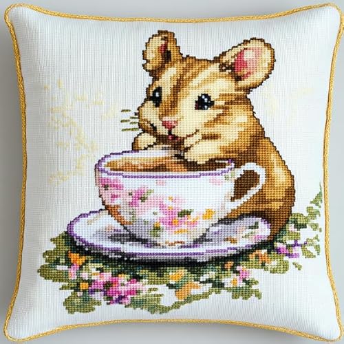 ANSIWEIGO Handgefertigter bestickter Kissenbezug,Ratte trinkt heimlich Kaffee,Eleganter Kreuzstich-Kissenbezug,abnehmbar,45x45 cm von ANSIWEIGO