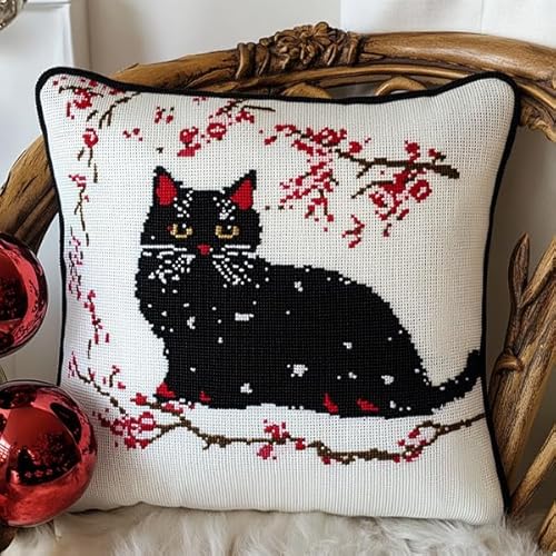 ANSIWEIGO Handgefertigter bestickter Kissenbezug,Sakura Schwarze Katze,Eleganter Kissenbezug mit Kreuzstich,abnehmbar,45x45 cm von ANSIWEIGO