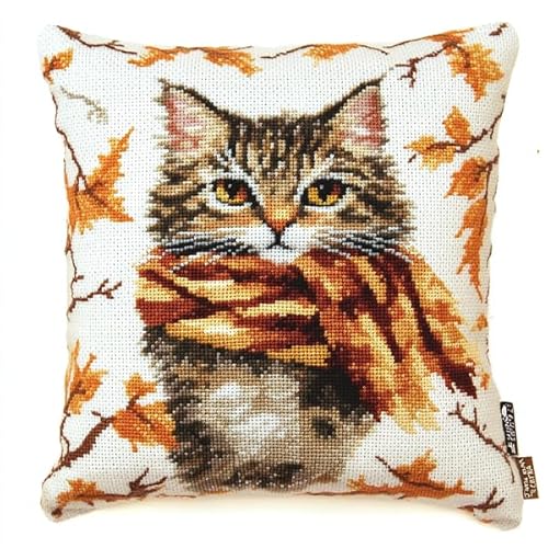 ANSIWEIGO Handgefertigter bestickter Kissenbezug,Winterkatze,Eleganter Kreuzstich-Kissenbezug,abnehmbar,45x45 cm von ANSIWEIGO