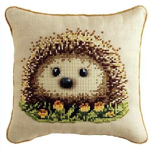 ANSIWEIGO Handgefertigter bestickter Kissenbezug,süßer Cartoon-Igel,eleganter Kissenbezug mit Kreuzstich,abnehmbar,45x45 cm von ANSIWEIGO