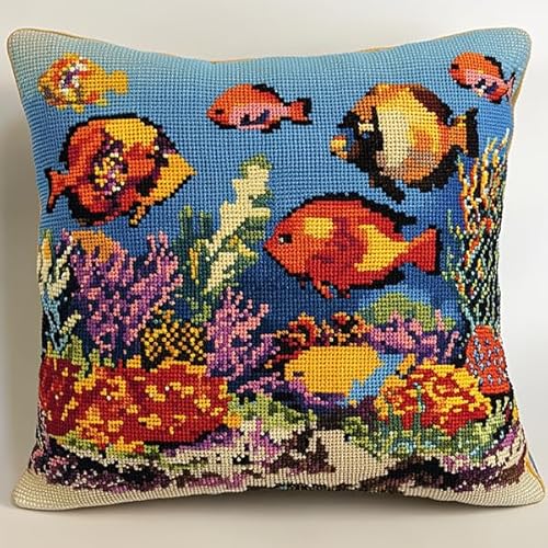 ANSIWEIGO Handgemachter Kreuzstich Kissenbezug,Bunte Fische unter dem Meer Stickerei Kissenbezug,Baumwolle-Leinen,45x45 cm,Home Decor von ANSIWEIGO