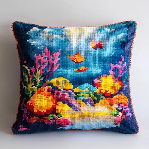 ANSIWEIGO Handgemachter Kreuzstich Kissenbezug,Bunte Welt unter dem Meer Stickerei Kissenbezug,Baumwolle-Leinen,45x45 cm,Home Decor von ANSIWEIGO