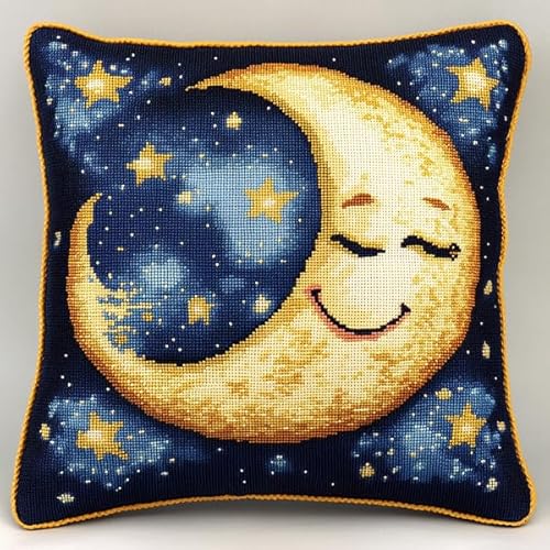 ANSIWEIGO Handgemachter Kreuzstich Kissenbezug,Cartoon Mond Sterne Stickerei Kissenbezug,Baumwolle-Leinen,45x45 cm,Home Decor von ANSIWEIGO