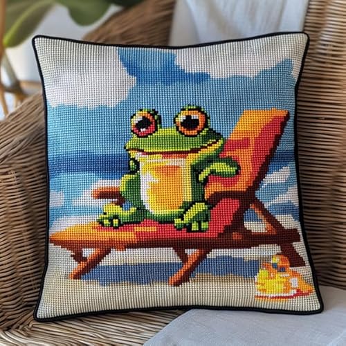 ANSIWEIGO Handgemachter Kreuzstich-Kissenbezug,Freizeit-Urlaub-Frosch -Stickerei-Kissenbezug,Baumwolle-Leinen,45x45 cm,Wohndekor von ANSIWEIGO