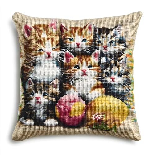 ANSIWEIGO Handgemachter Kreuzstich Kissenbezug,Niedliche Katzenfamilie Stickerei Kissenbezug,Baumwolle-Leinen,45x45 cm,Home Decor von ANSIWEIGO