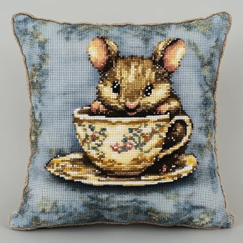 ANSIWEIGO Handgemachter Kreuzstich-Kissenbezug,Ratte trinkt heimlich Kaffee- Stickerei-Kissenbezug,Baumwolle-Leinen,45x45 cm,Wohndekor von ANSIWEIGO