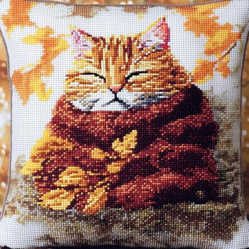 ANSIWEIGO Handgemachter Kreuzstich Kissenbezug,Winter Katze Stickerei Kissenbezug,Baumwolle-Leinen,45x45 cm,Home Decor von ANSIWEIGO