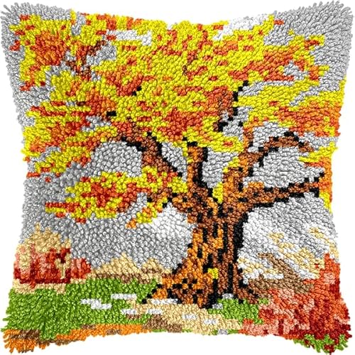 ANSIWEIGO Herbstlandschaft DIY Knüpfhaken Set,Herbstbäume,Kreuzstichkissen Knüpfhaken Kits Sticken Do It Yourself Stickkissen zum Basteln,43x43 cm von ANSIWEIGO