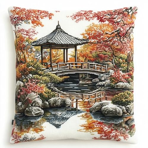 ANSIWEIGO Japanische klassische Gartenlandschaft,Kreuzstichset mit Stempel (45x45 cm),Kissenset mit Kreuzstich mit Stempel für kreative Heimdekoration,Handarbeitsset für erwachsene Anfänger von ANSIWEIGO