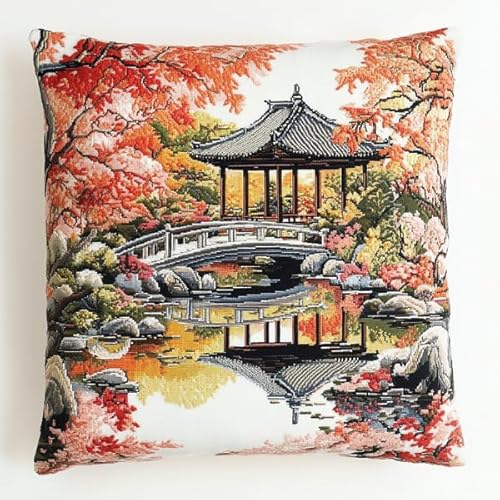 ANSIWEIGO Japanische klassische Gartenlandschaft,Stickset mit bedruckter Leinwand (45x45 cm),Stickkissen-Set für kreative Heimdekoration,Handarbeitsset für erwachsene Anfänger von ANSIWEIGO