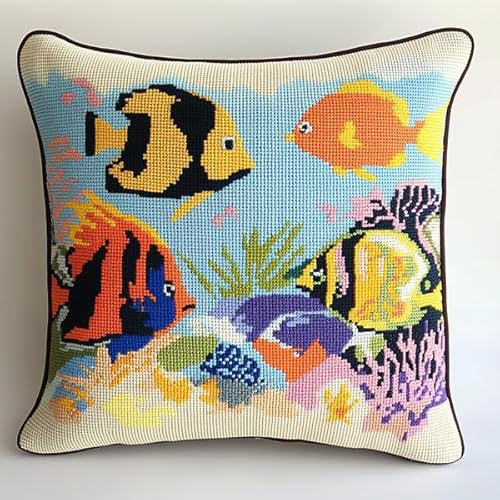 ANSIWEIGO Kissenbezug mit Kreuzstich,abnehmbarer bestickter Kissenbezug mit verstecktem Reißverschluss,modernes Design,Bunte Fische unter dem Meer,45x45 cm von ANSIWEIGO