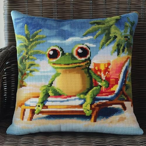 ANSIWEIGO Kissenbezug mit Kreuzstich,abnehmbarer bestickter Kissenbezug mit verstecktem Reißverschluss,modernes Design,Freizeit-/Urlaubsfrosch,45x45 cm von ANSIWEIGO