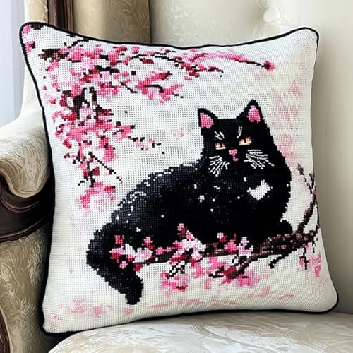 ANSIWEIGO Kissenbezug mit Kreuzstich,abnehmbarer bestickter Kissenbezug mit verstecktem Reißverschluss,modernes Design,Sakura Black Cat,45x45 cm von ANSIWEIGO