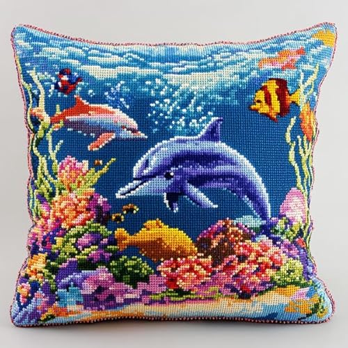 ANSIWEIGO Kissenbezug mit Kreuzstich,abnehmbarer bestickter Kissenbezug mit verstecktem Reißverschluss,modernes Design,Unterwasser-Delfin,45x45 cm von ANSIWEIGO