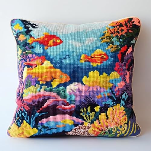 ANSIWEIGO Kissenbezug mit Kreuzstich „Bunte Welt unter dem Meer“,vorgestickter Bezug aus Baumwolle und Leinen,versteckter Reißverschluss,Heimdekoration,45x45 cm von ANSIWEIGO